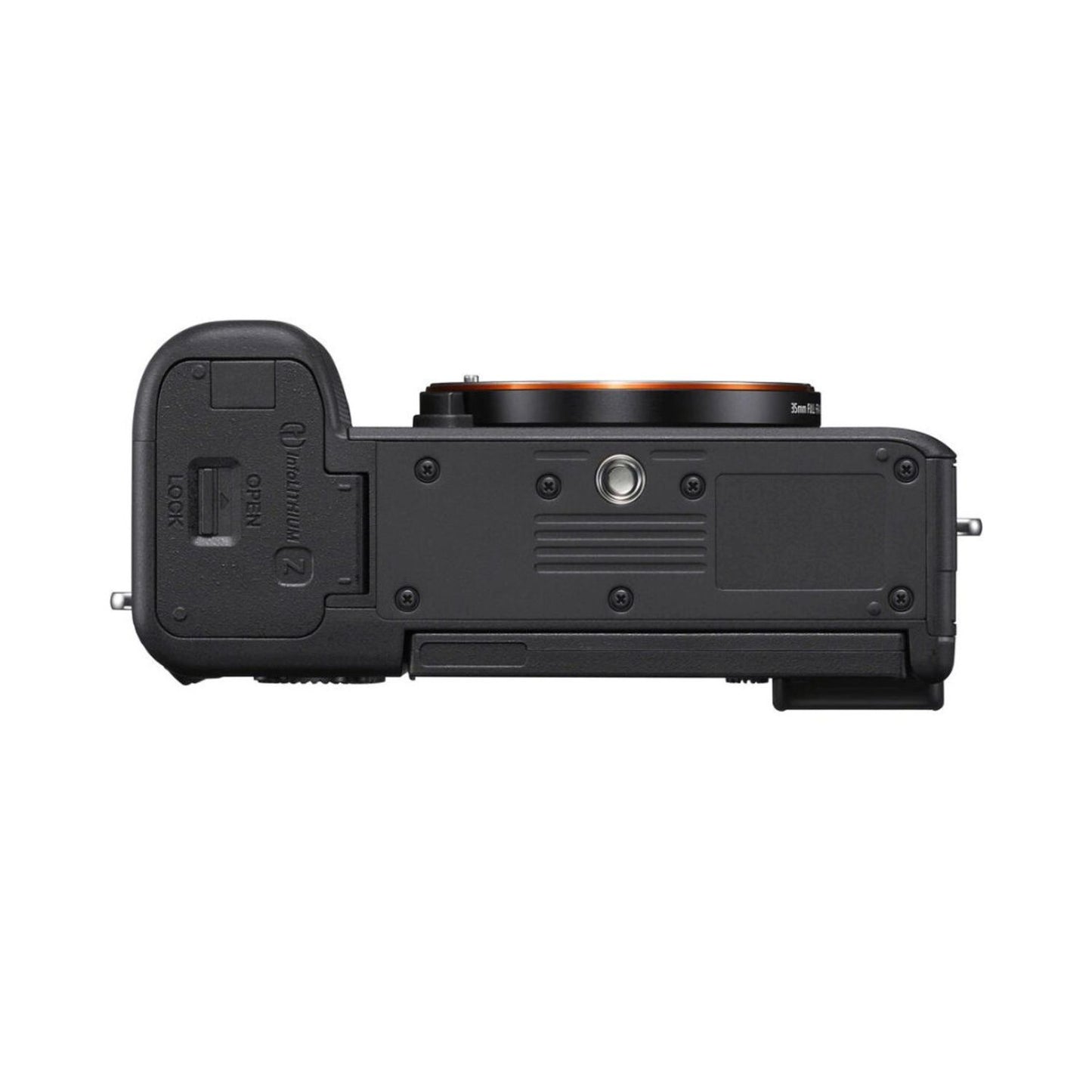 Sony a7C mirrorless camera, underside view with battery door and tripod mount