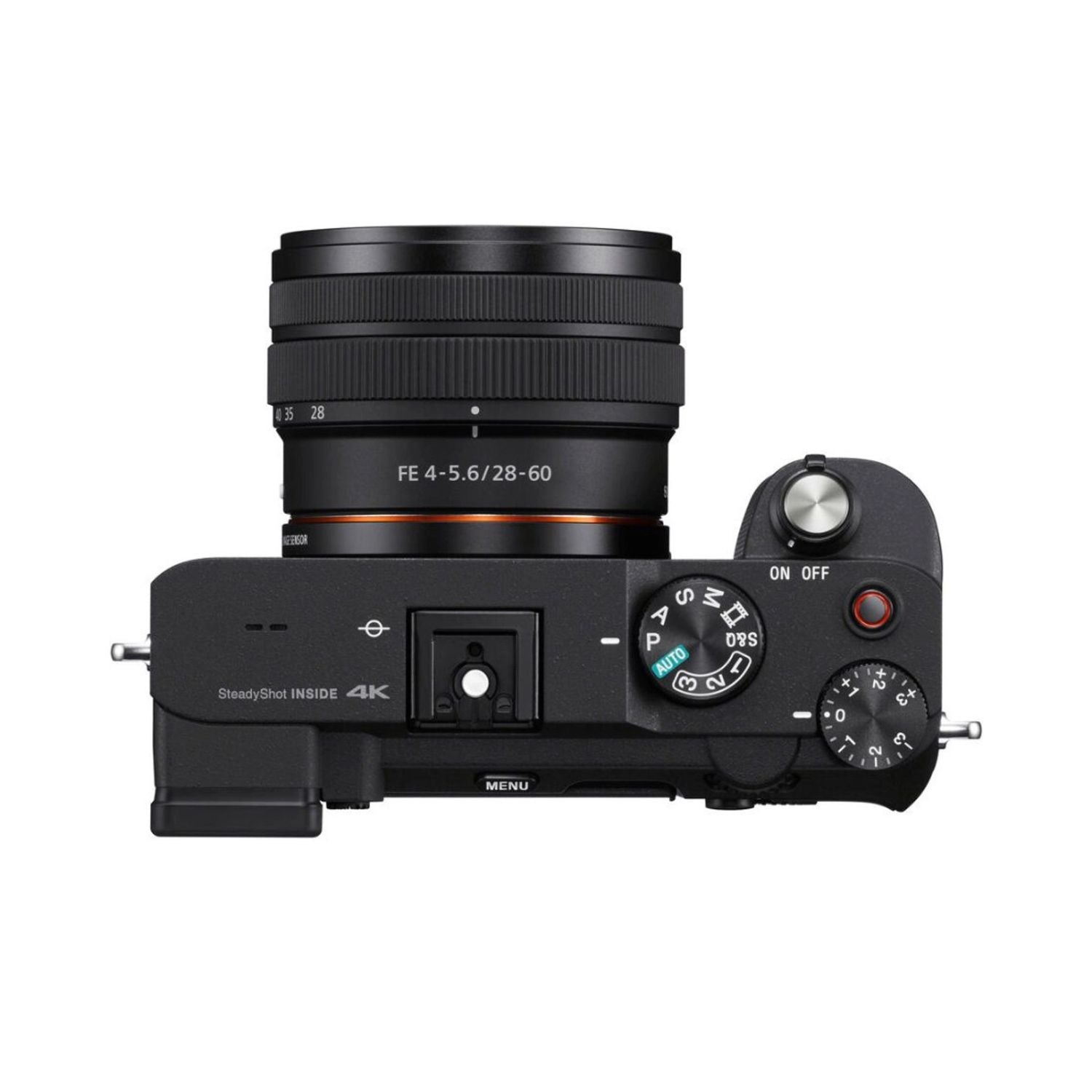 Seitliche Ansicht der Kamera: Bedienelemente und 28-60mm FE Zoomobjektiv
