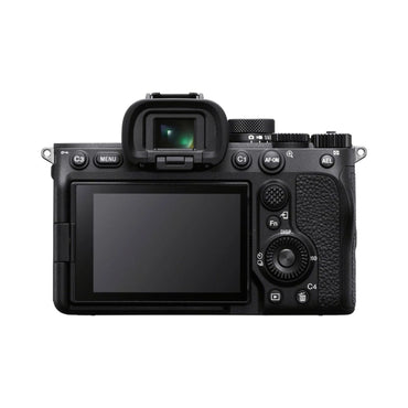 Mirrorless camera rear view with LCD screen and control buttons