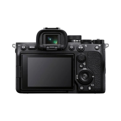 Mirrorless camera rear view with LCD screen and control buttons