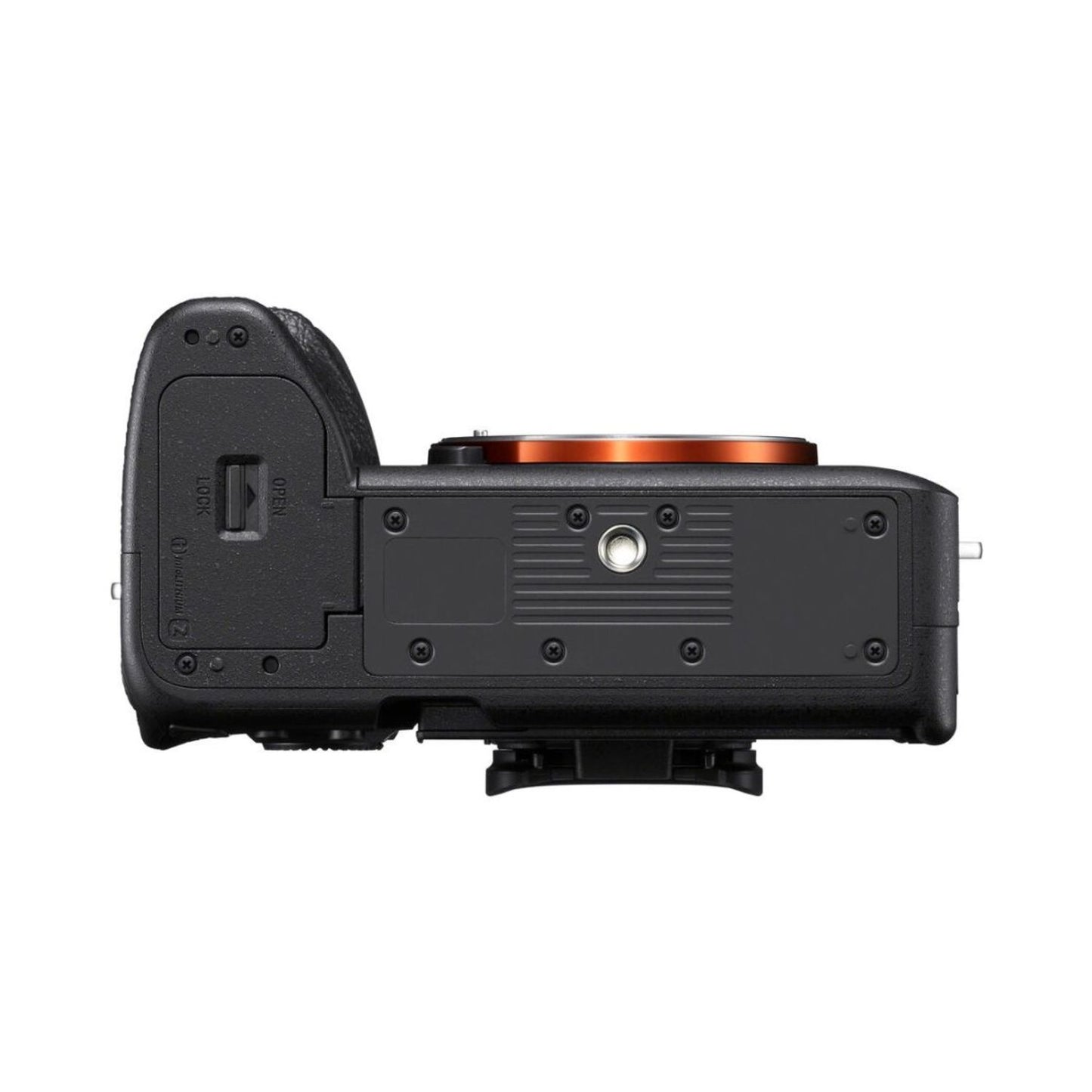 Camera bottom view with tripod mount area and battery compartment