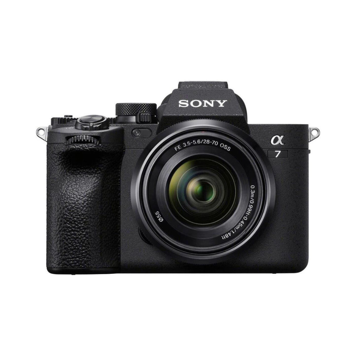 Mirrorless camera with 28-70mm lens, front view, black body