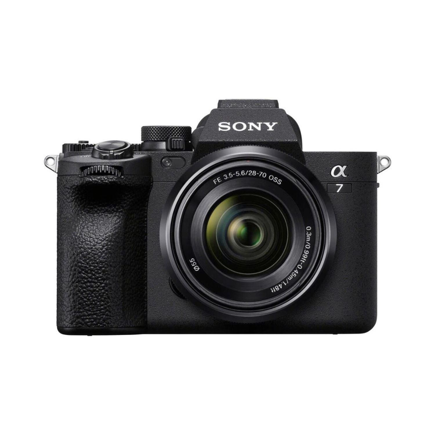 Mirrorless camera with 28-70mm lens, front view, black body