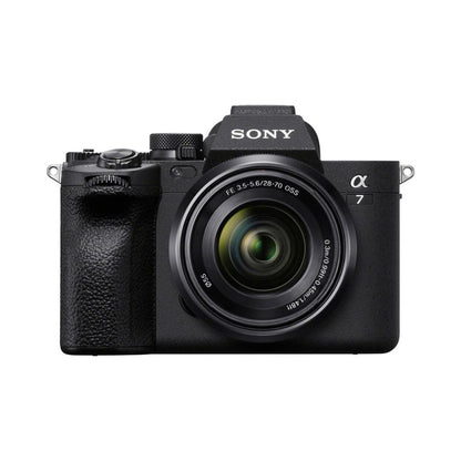 Mirrorless camera with 28-70mm lens, front view, black body