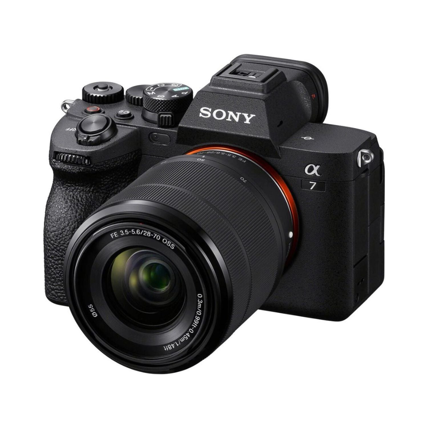 Mirrorless camera with 28-70mm lens, angled front view, black body