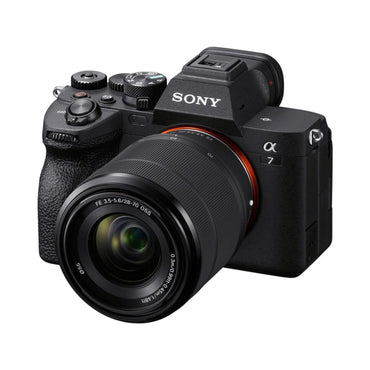 Mirrorless camera with 28-70mm lens, angled front view, black body