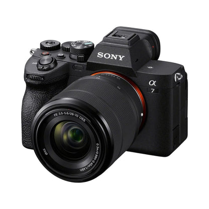 Mirrorless camera with 28-70mm lens, angled front view, black body