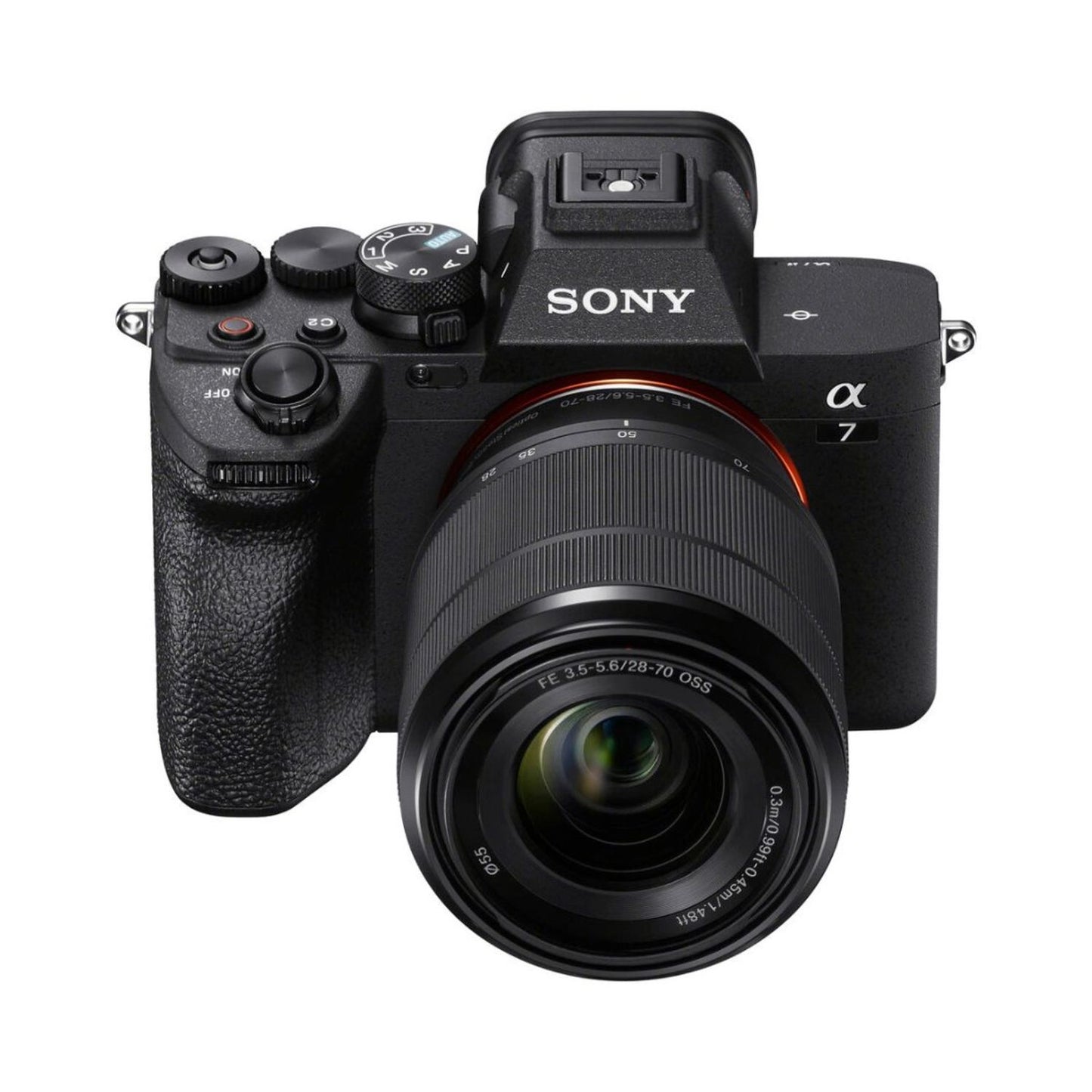 Mirrorless camera with 28-70mm lens, front close-up, black body
