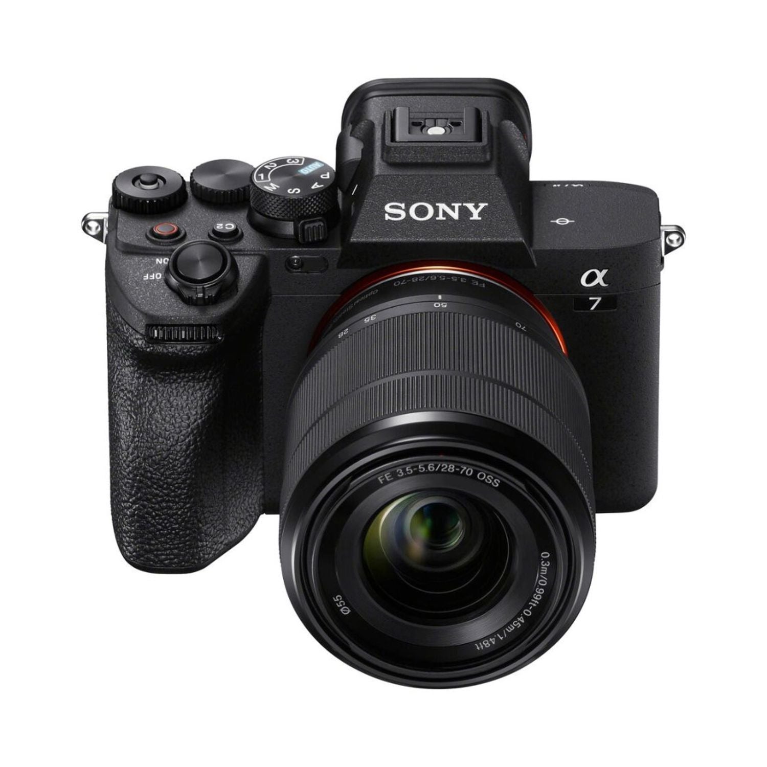Mirrorless camera with 28-70mm lens, front close-up, black body
