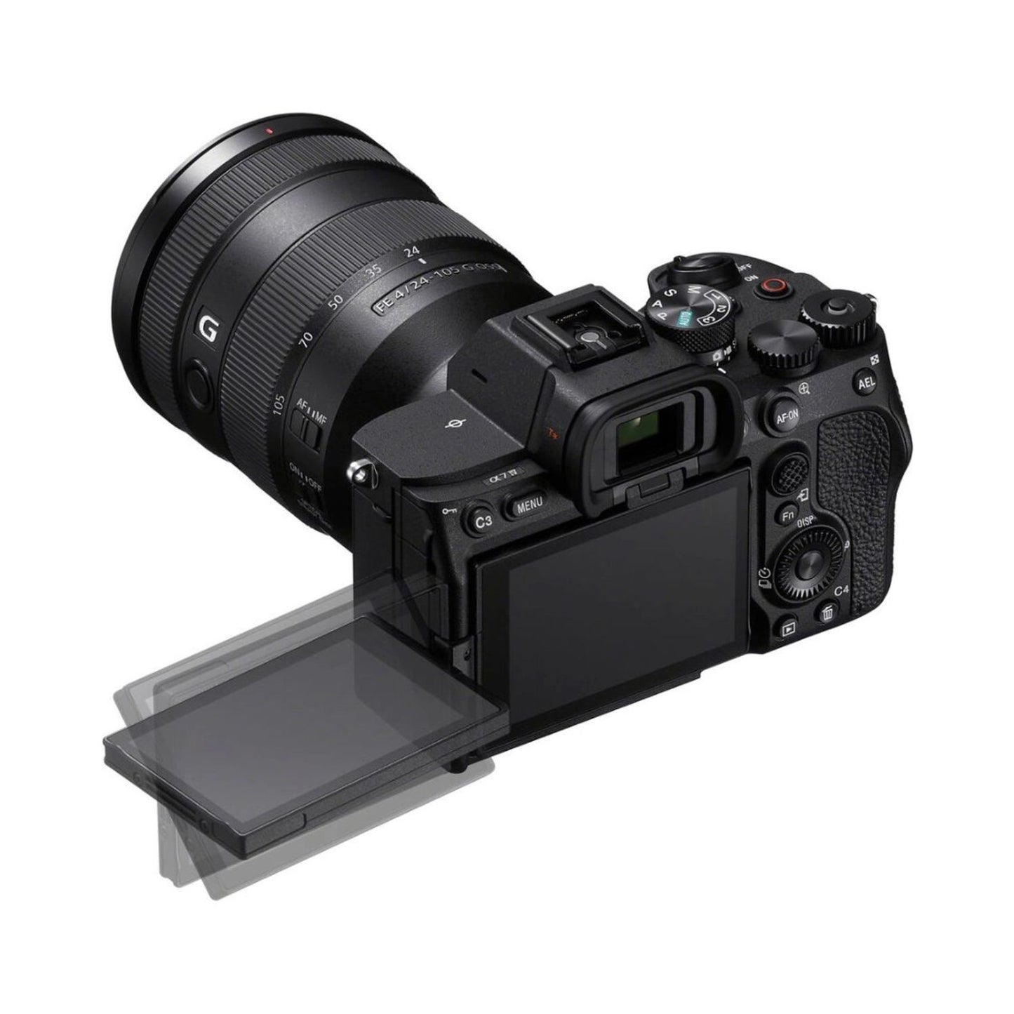 Mirrorless camera rear view with tilting LCD, 28-70mm lens, black body