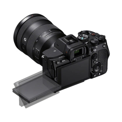 Mirrorless camera rear view with tilting LCD, 28-70mm lens, black body