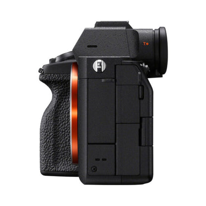 Sony a7 IV mirrorless camera side view with textured grip and orange ring