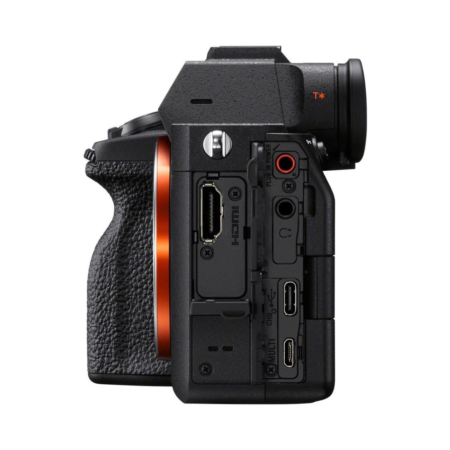 Sony a7 IV mirrorless camera side panel with ports and connectors