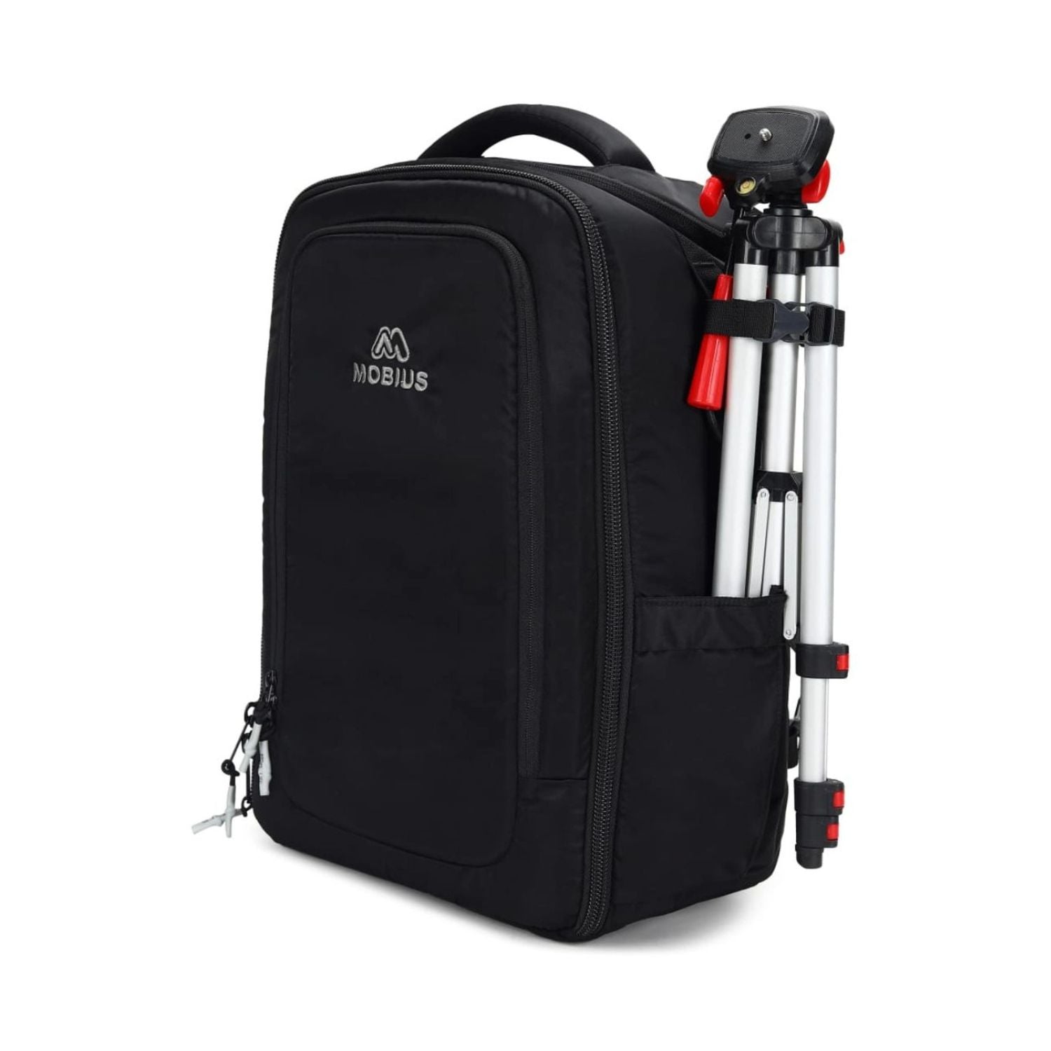 Black camera backpack with front pocket and attached tripod