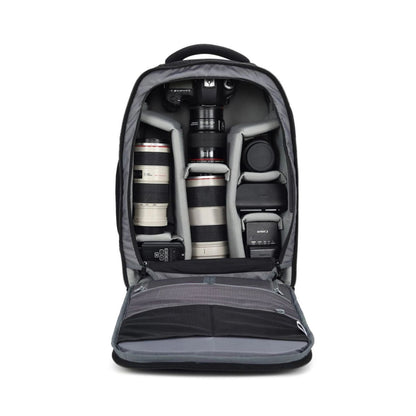 Camera backpack open view with padded compartments for camera and lenses