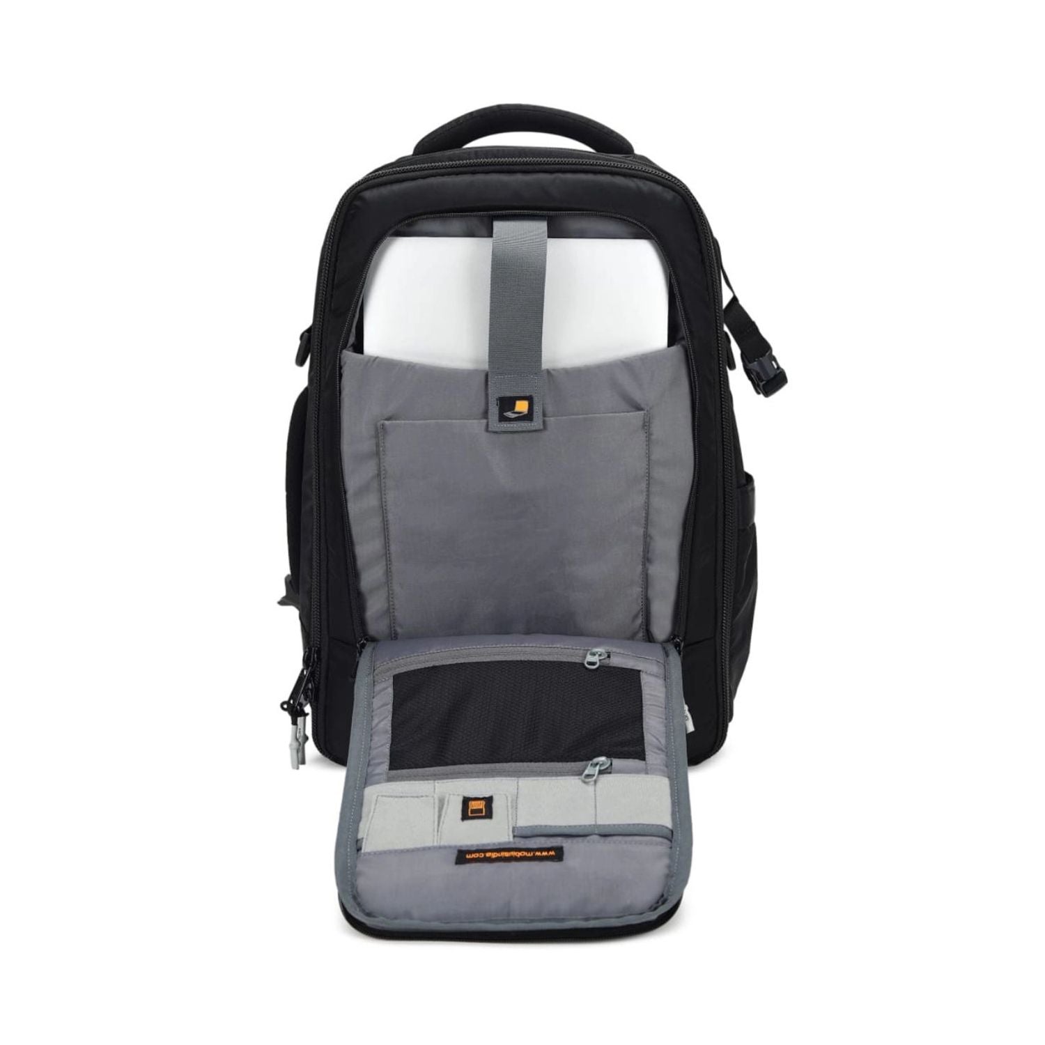 Camera backpack with removable divider, gray and black interior panels