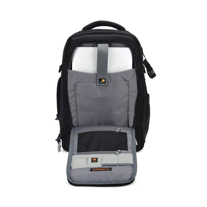 Camera backpack with removable divider, gray and black interior panels