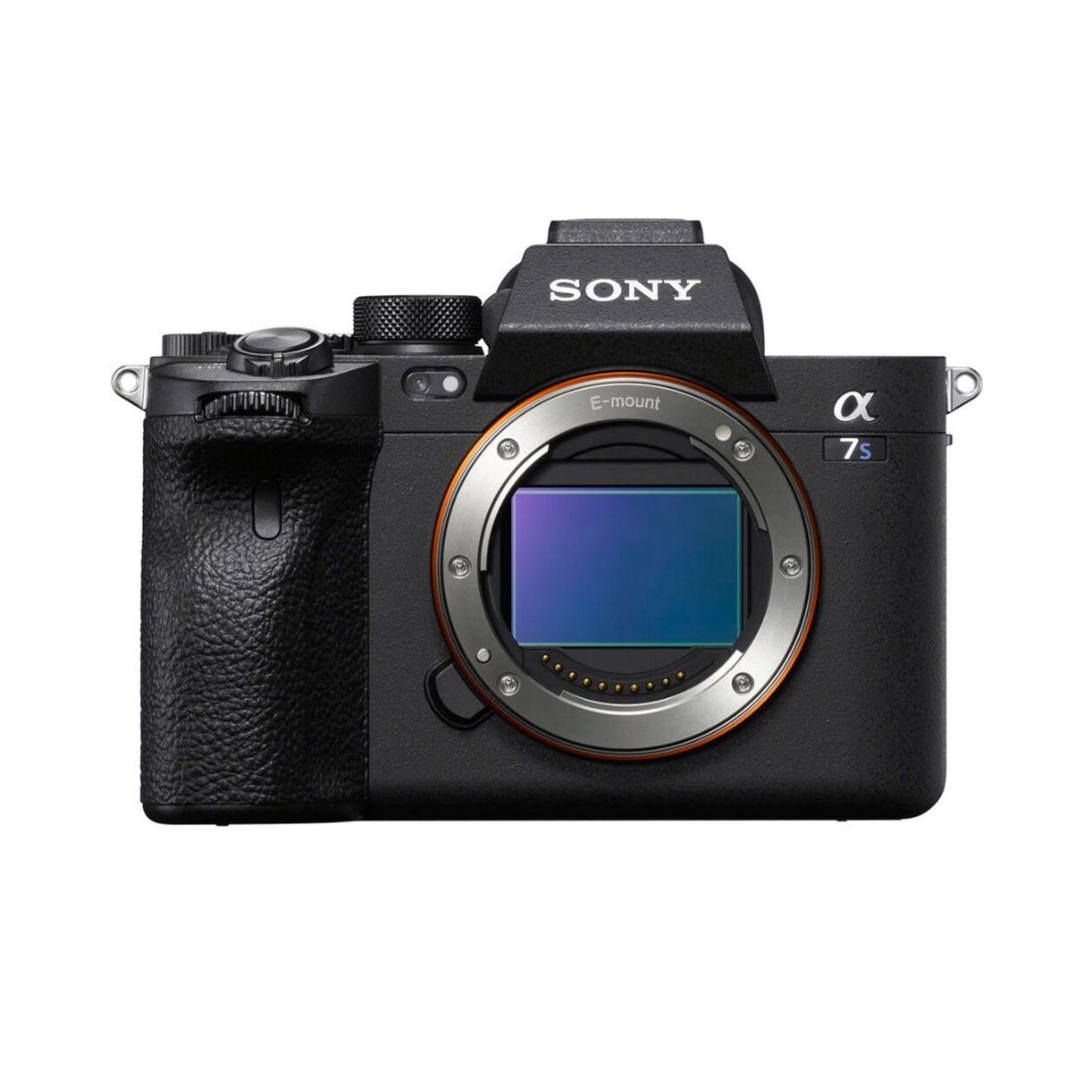 Sony a7S III mirrorless camera front view, E-mount lens