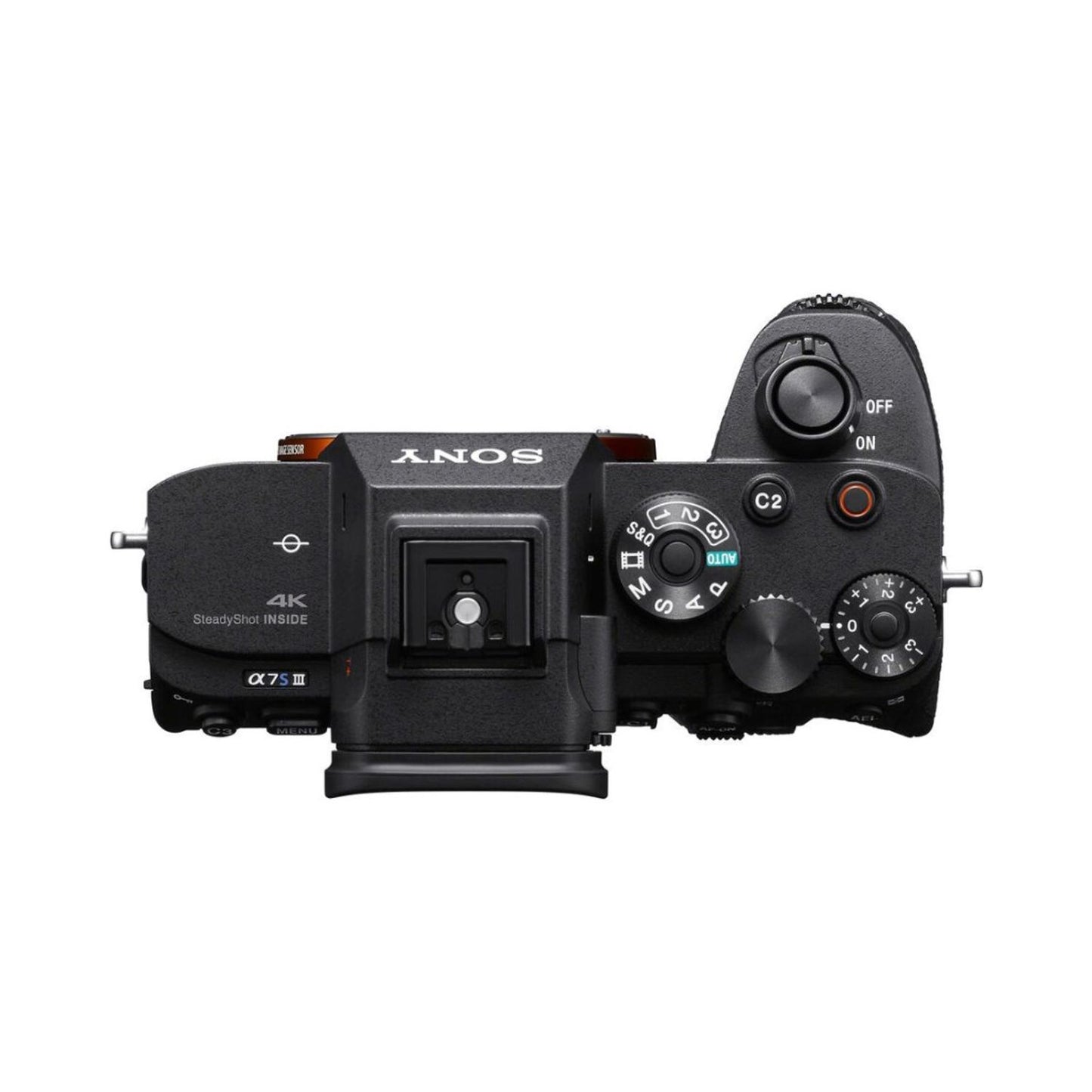 Sony a7S III mirrorless camera side/top view with buttons and mode dial