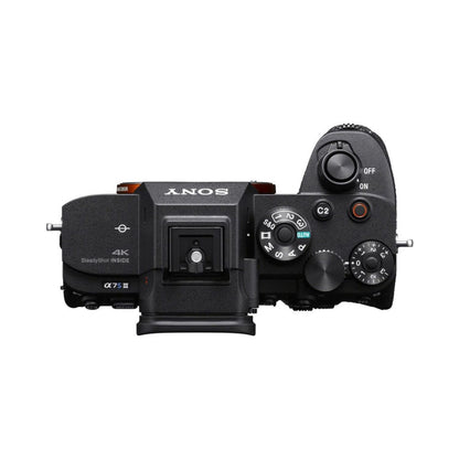 Sony a7S III mirrorless camera side/top view with buttons and mode dial