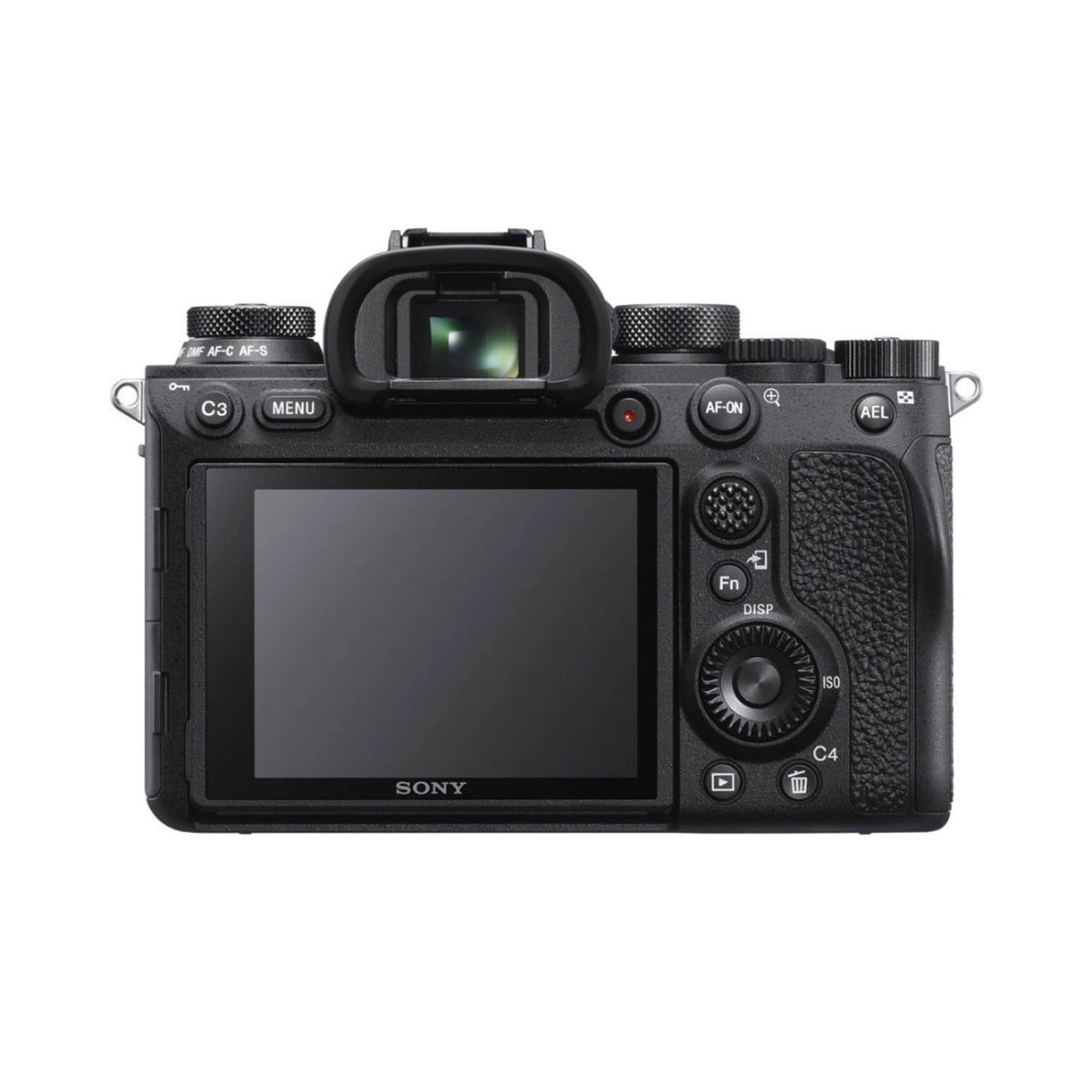 Black mirrorless camera rear view with EVF, LCD screen, and control buttons