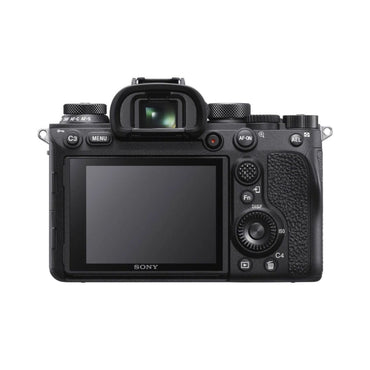 Black mirrorless camera rear view with EVF, LCD screen, and control buttons