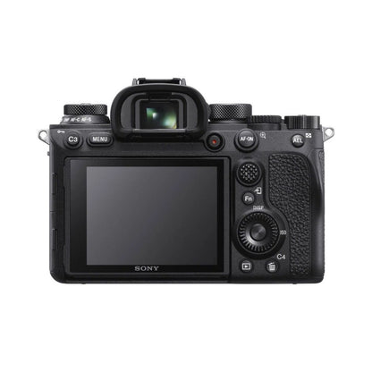 Black mirrorless camera rear view with EVF, LCD screen, and control buttons
