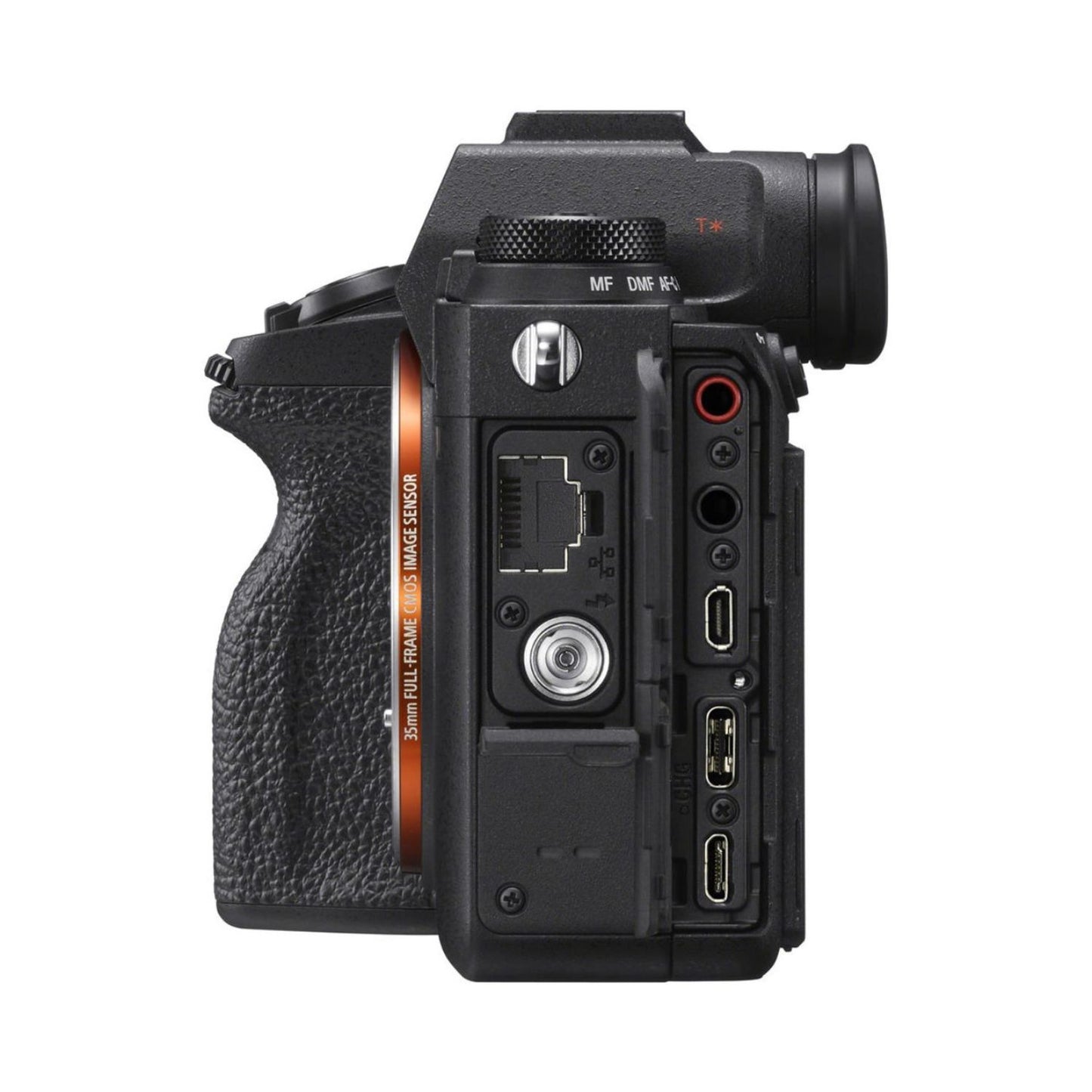Black mirrorless camera rear/side with visible ports, HDMI and audio connectors