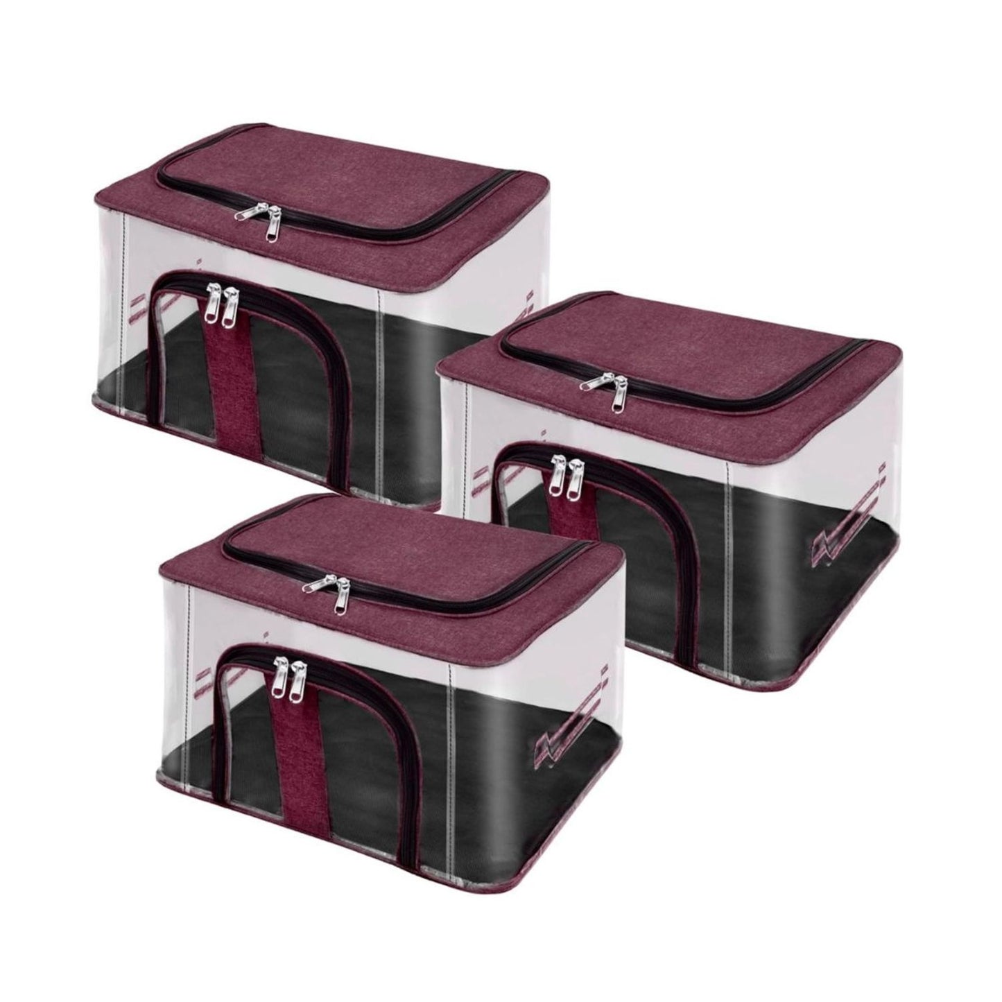 Set of transparent PVC moisture-proof storage boxes, burgundy lids and zip openings