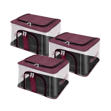 Set of transparent PVC moisture-proof storage boxes, burgundy lids and zip openings