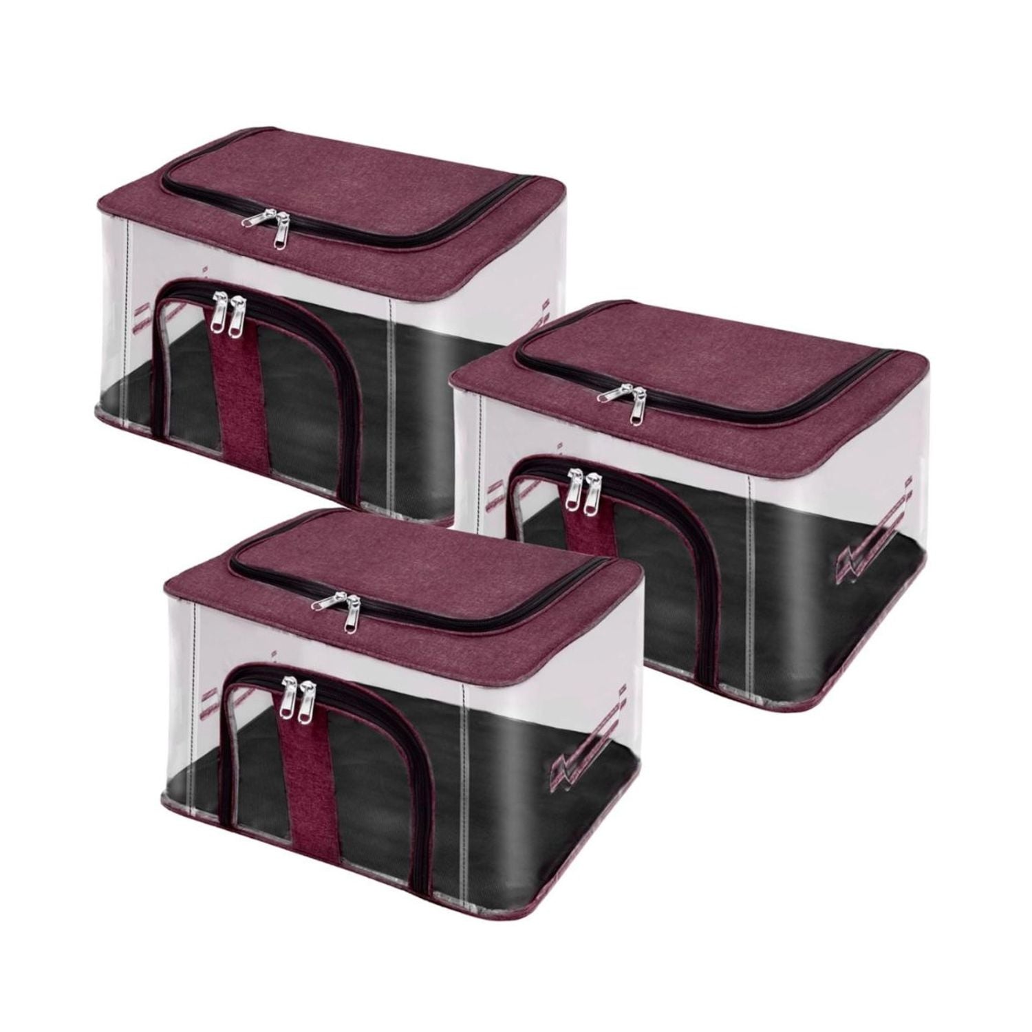 Set of transparent PVC moisture-proof storage boxes, burgundy lids and zip openings