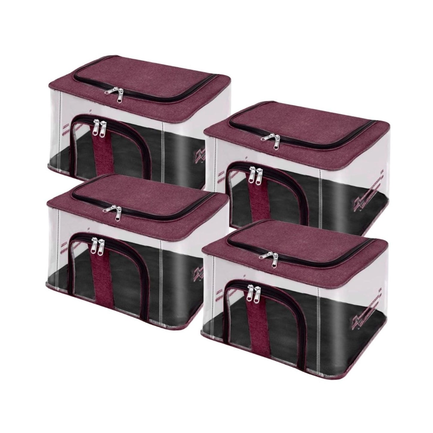Stacked transparent PVC storage boxes with burgundy padded top and double-zip front door
