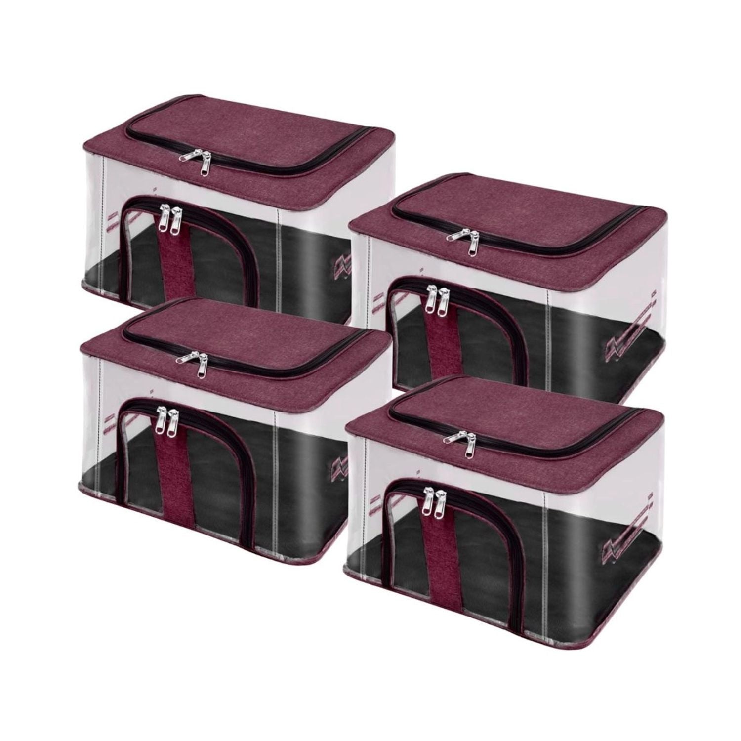 Stacked transparent PVC storage boxes with burgundy padded top and double-zip front door
