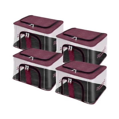 Stacked transparent PVC storage boxes with burgundy padded top and double-zip front door