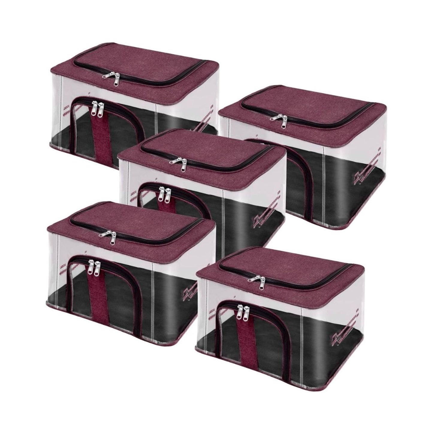 Multiple transparent PVC storage boxes with burgundy zip-top and clear front window