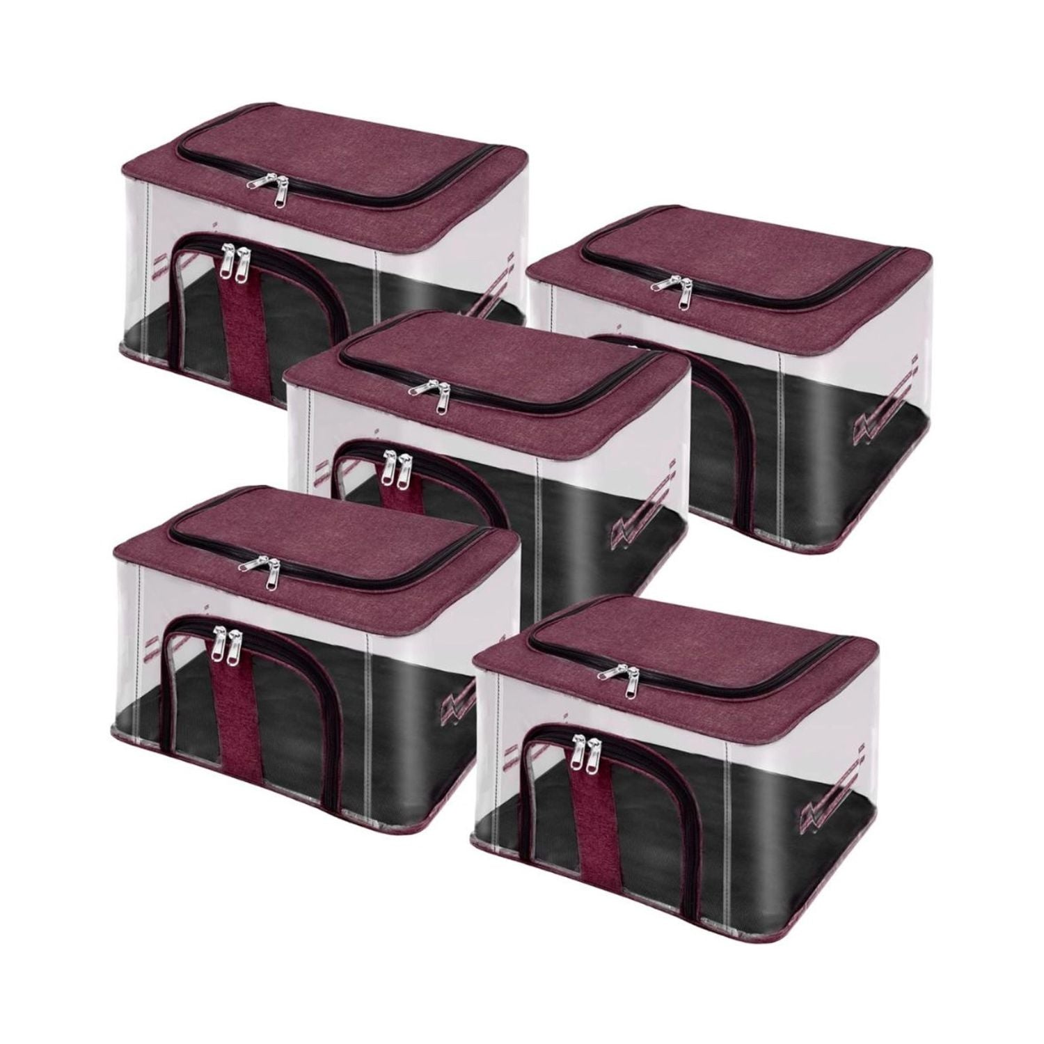 Multiple transparent PVC storage boxes with burgundy zip-top and clear front window