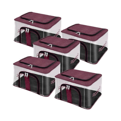 Multiple transparent PVC storage boxes with burgundy zip-top and clear front window