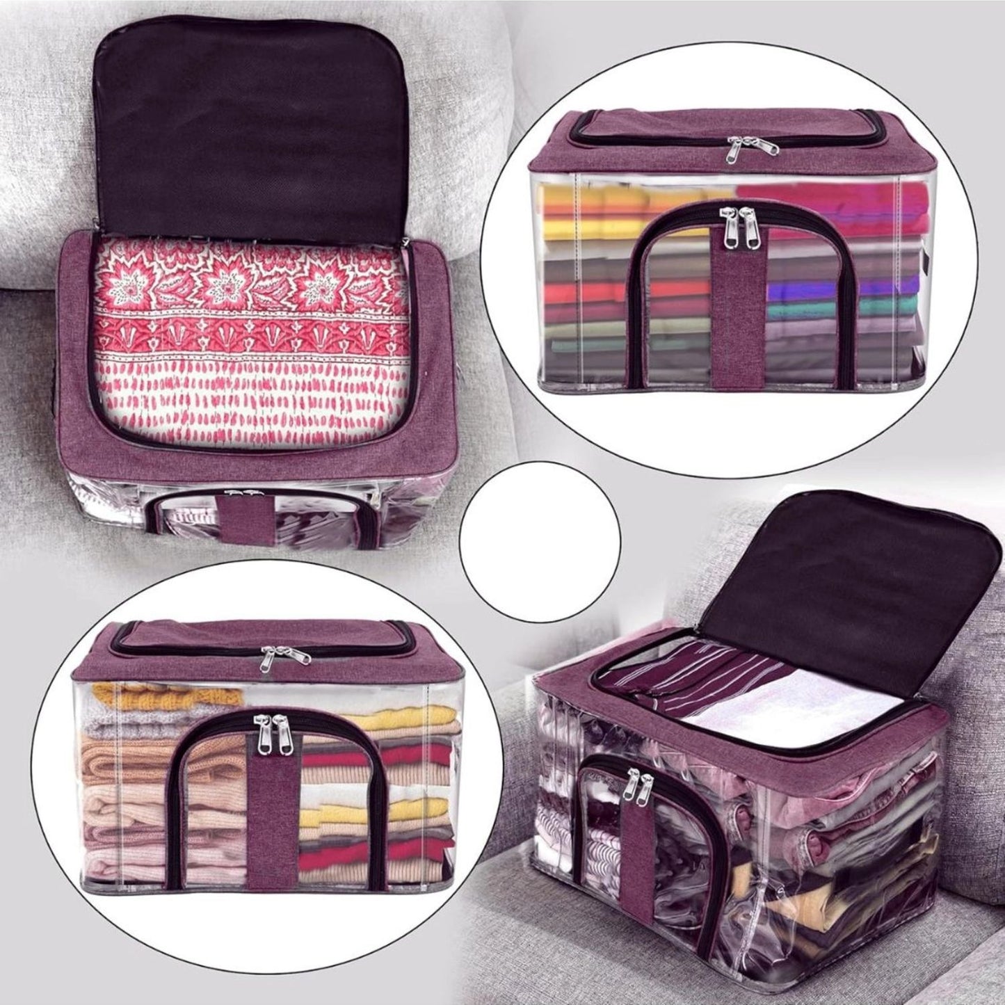 Transparent PVC storage box with burgundy lid and front opening; shown with folded clothes inside