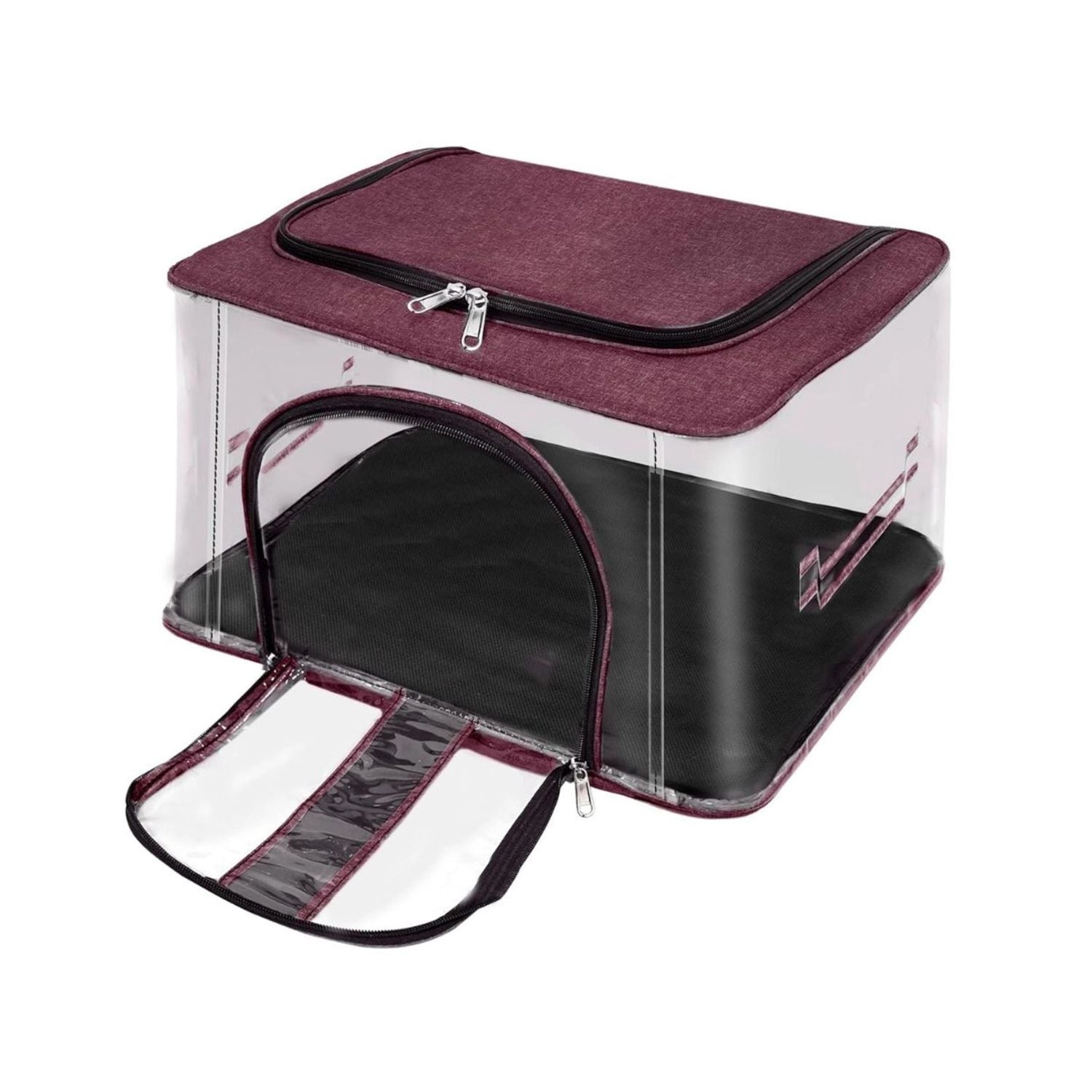 Transparent PVC storage box with burgundy top, hinged lid, and front zipper access