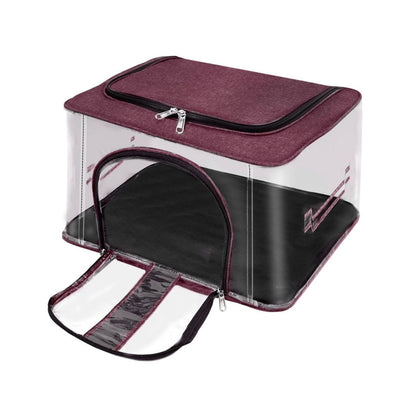 Transparent PVC storage box with burgundy top, hinged lid, and front zipper access