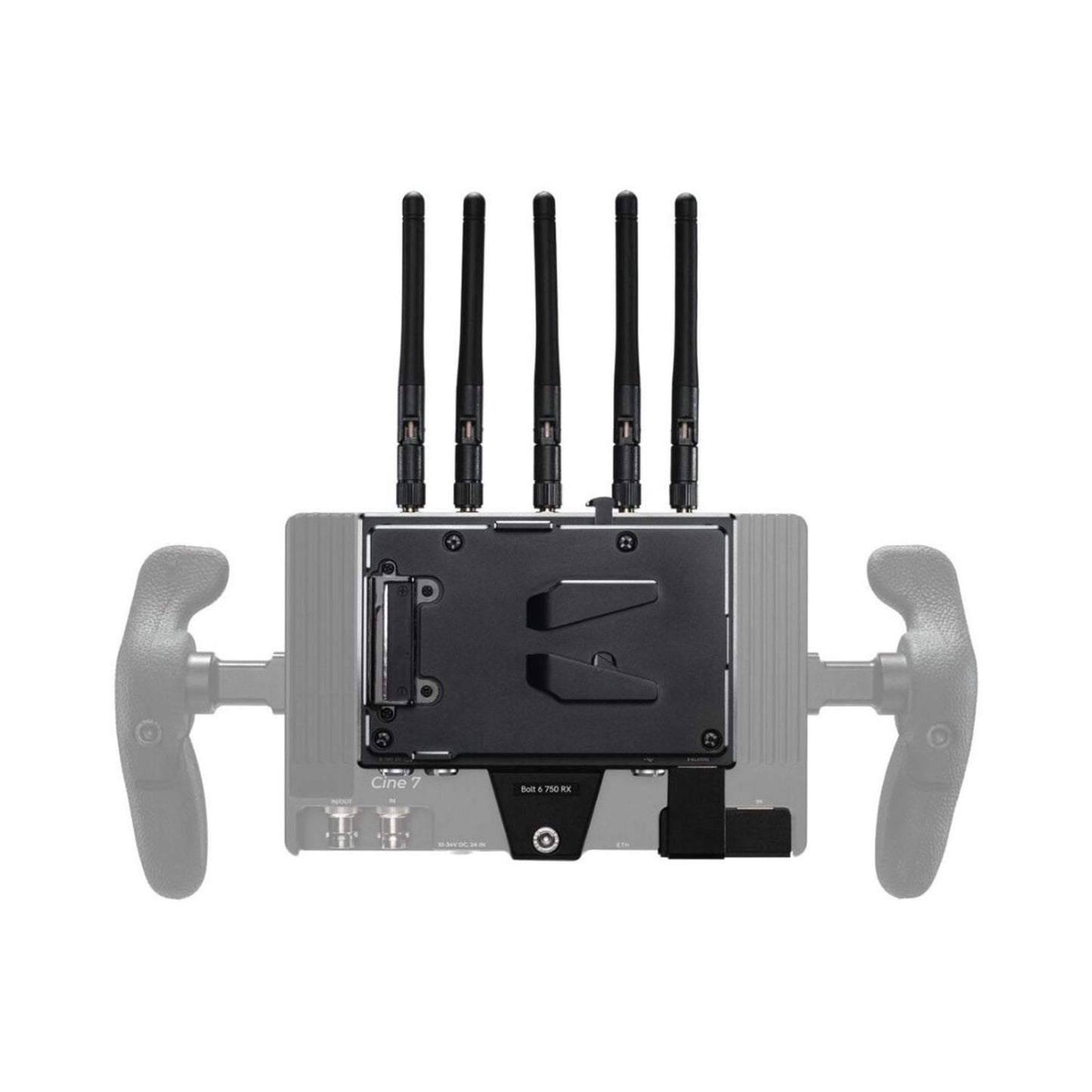 Teradek Bolt 6 RX 750 monitor module with four antennas, front panel and mount