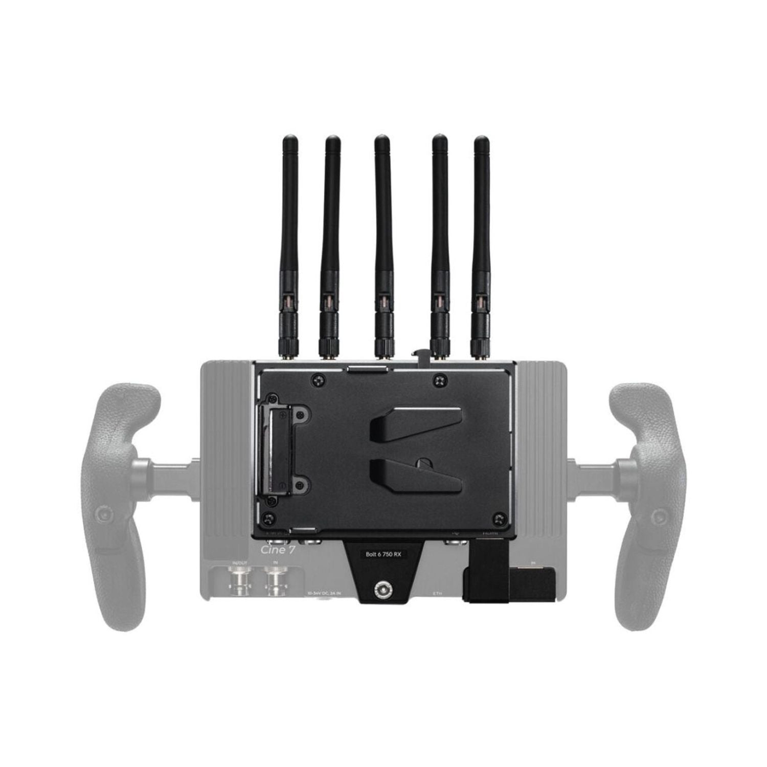 Teradek Bolt 6 RX 750 monitor module with four antennas, front panel and mount