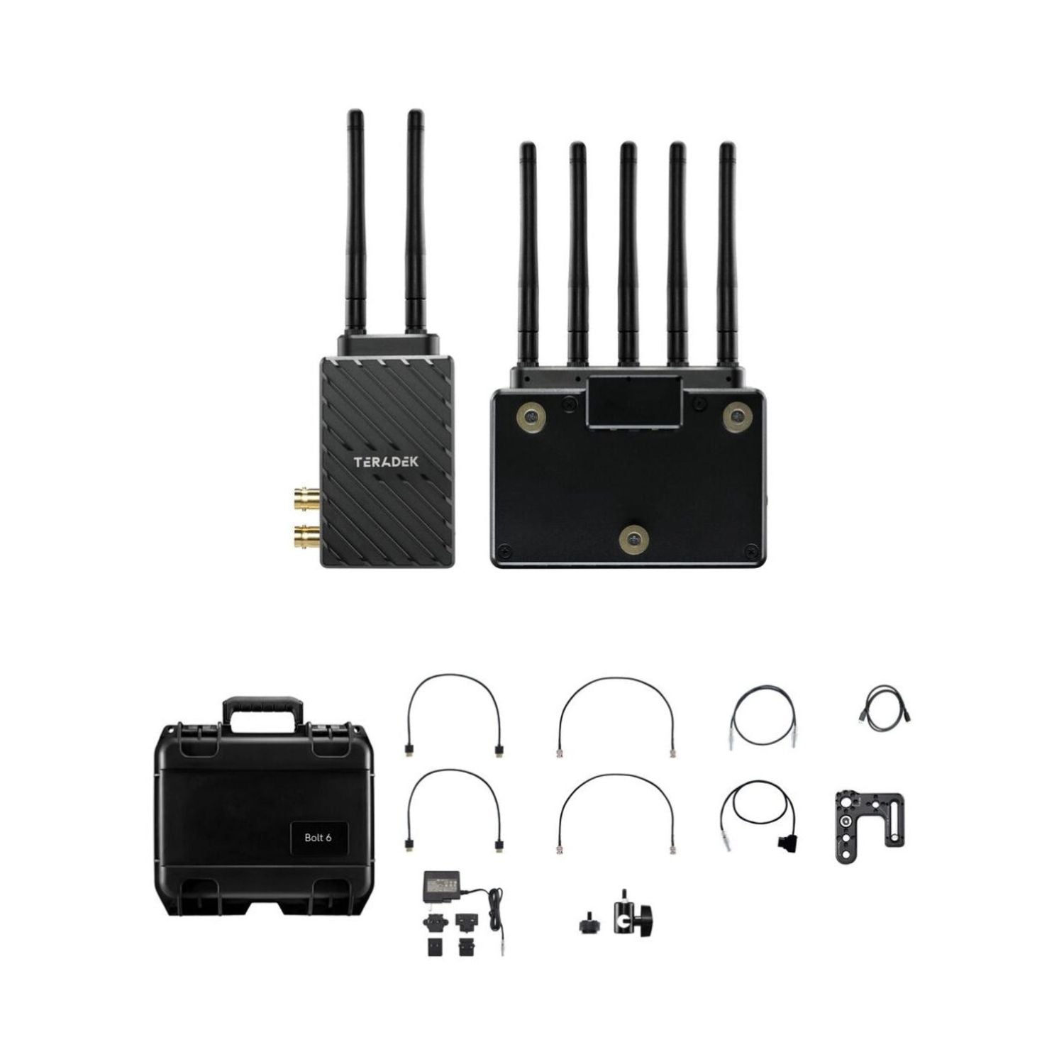 Bolt 6 LT TX/RX set shown with wireless units, cables, and mounting accessories.