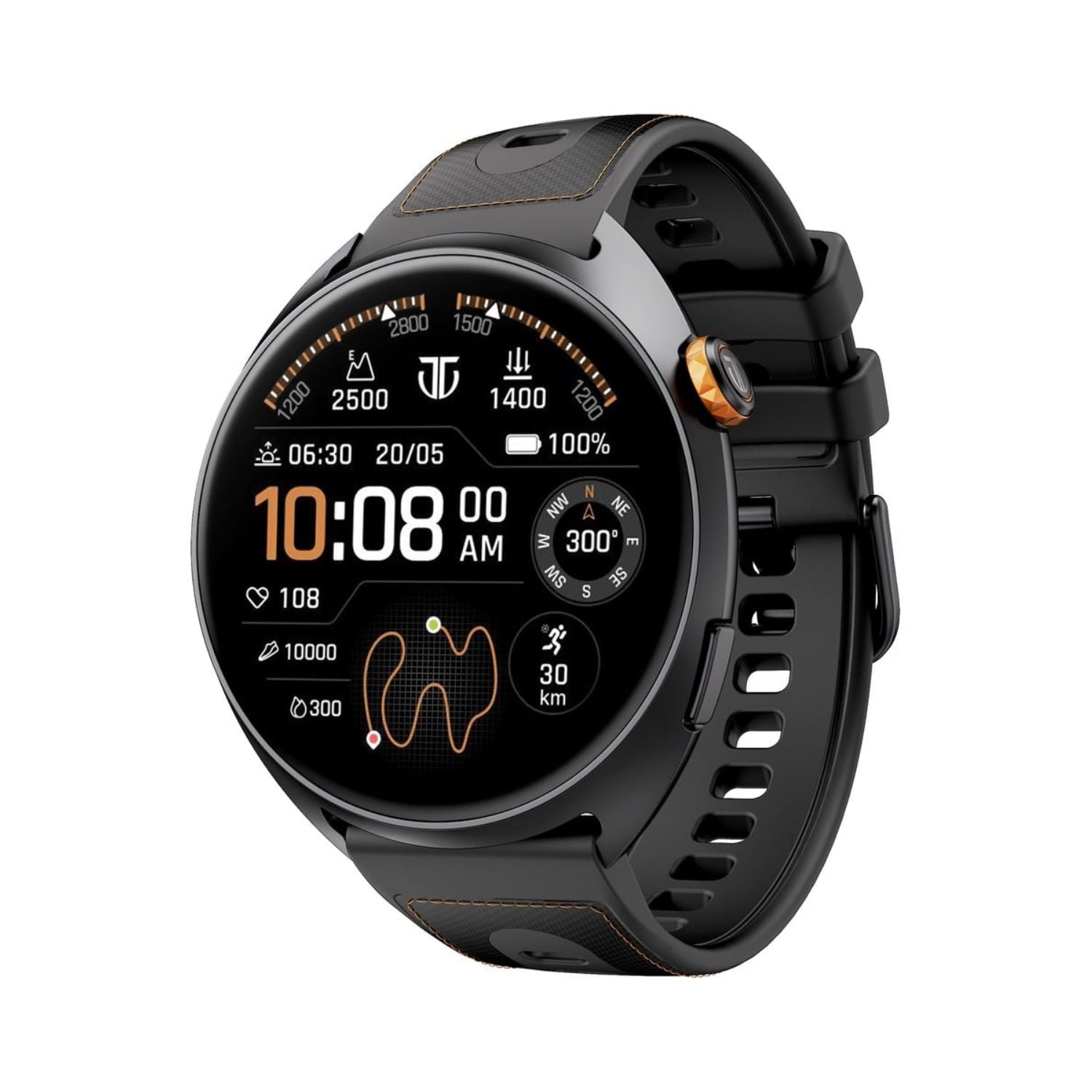 Black smartwatch with round AMOLED display and silicone sport strap