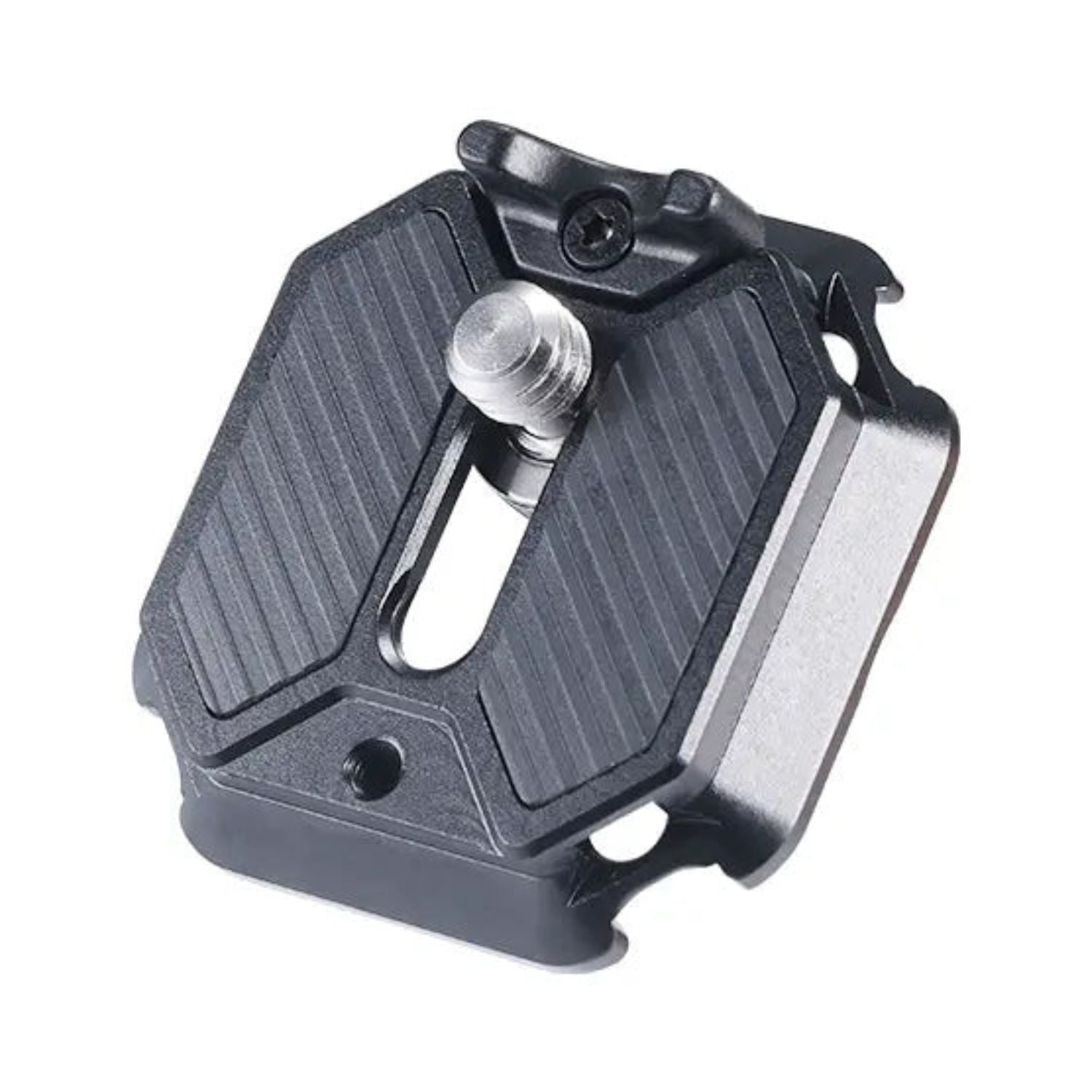 Quick release top plate with knurled screw and ridged grips, black and silver metal