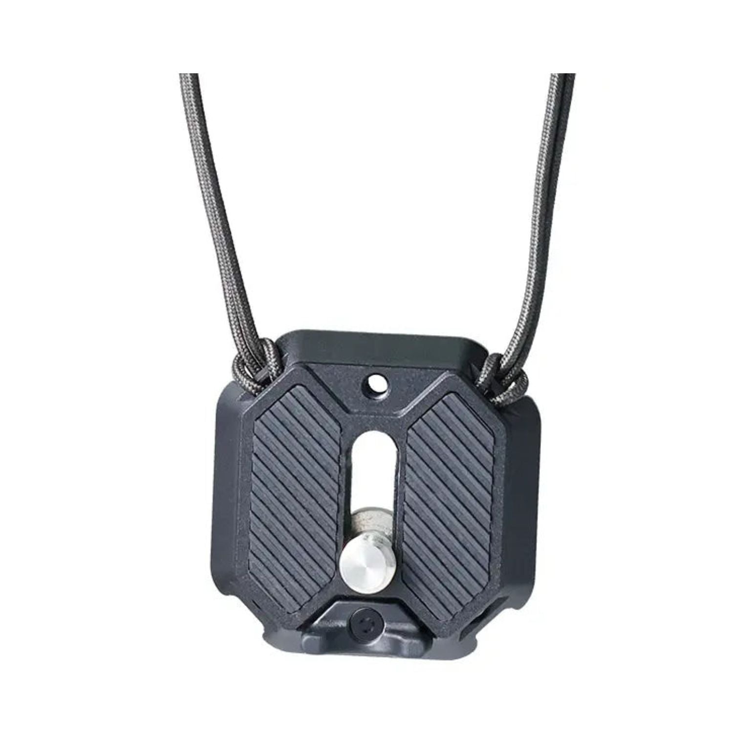 Quick release top plate with textured handles and silver mounting screw, black metal