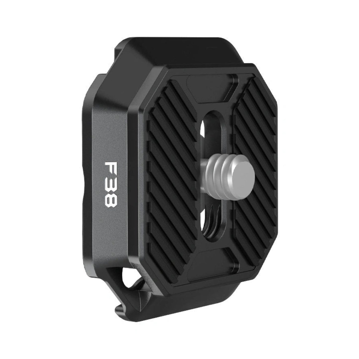 Quick release plate, dark gray metal with spring-loaded screw and ridged grip edges