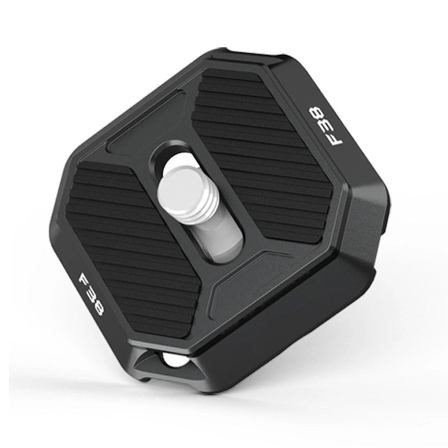 Quick release plate, black metal with ridged sides and silver locating screw head