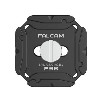 Quick release plate face, black with centered F38 markings and metal latch posts