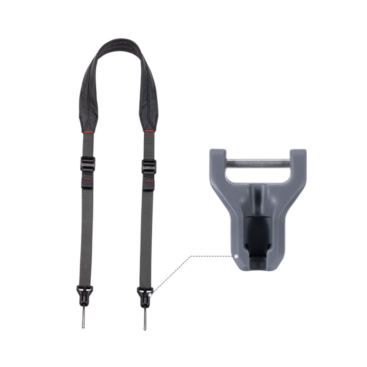 Black shoulder strap with quick-release buckle and gray metal magnetic connector